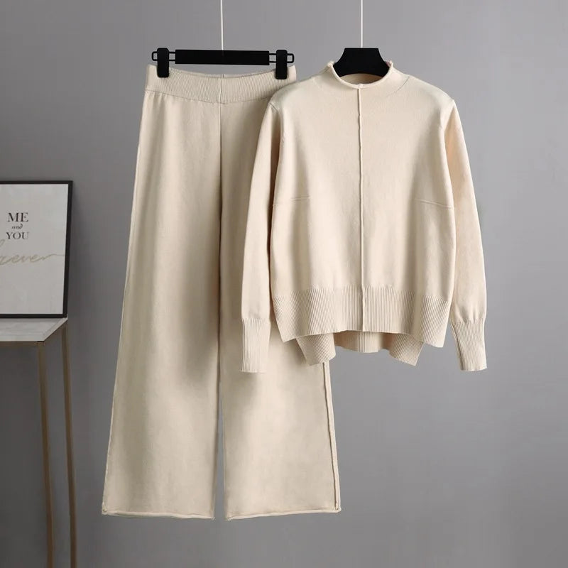 Maxy Winter Sweater for Women Tracksuit Half High Collar Knit Solid Color 2 Piece Set Knitted Pullover Sweater Elastic Trousers Suits