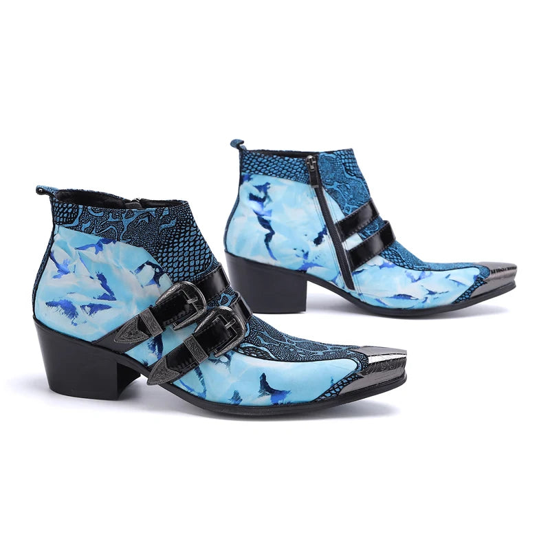 Amay Handmade Luxury Genuine Leather Men Boots Blue Snake Skin Italian Business Dress Formal Shoes Double Buckle Cowboy Ankle Boots