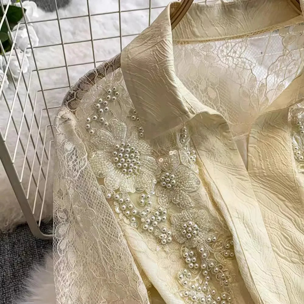 Maxy French Elegant Beading Mesh Lace Flower Embroidery Dress Women's Ruffles Pearls Single Breasted Belt Evening Party Vestidos