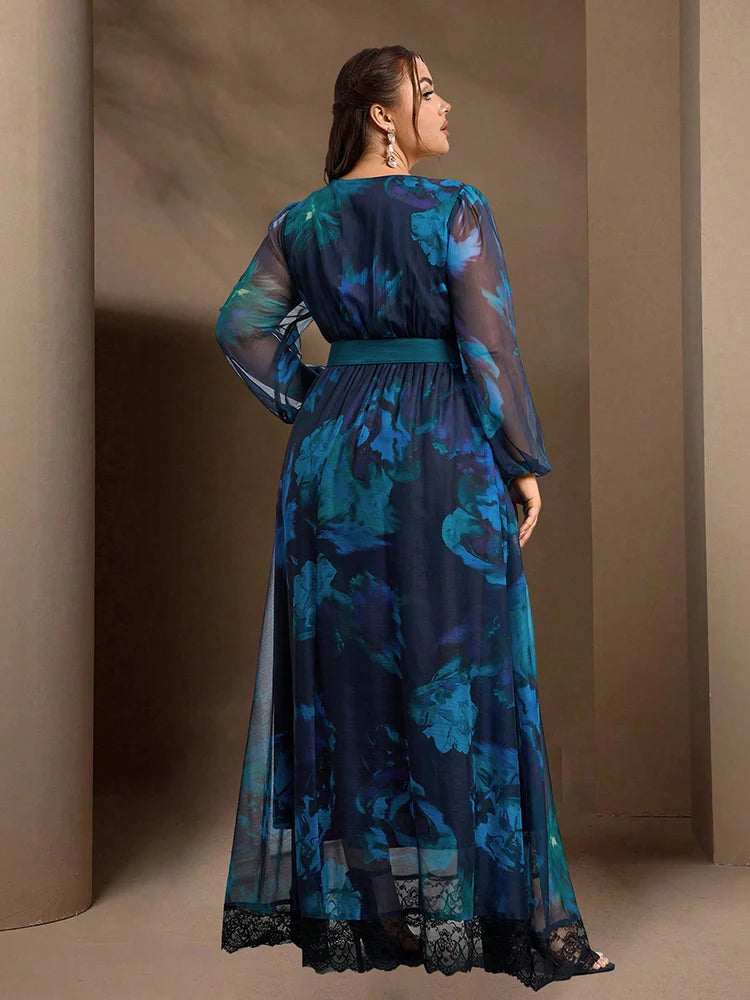 Maxy New Women's Casual Elegant Formal Party Long Dresses Plus Size Floral Print Lantern Sleeve Contrast Lace Dress