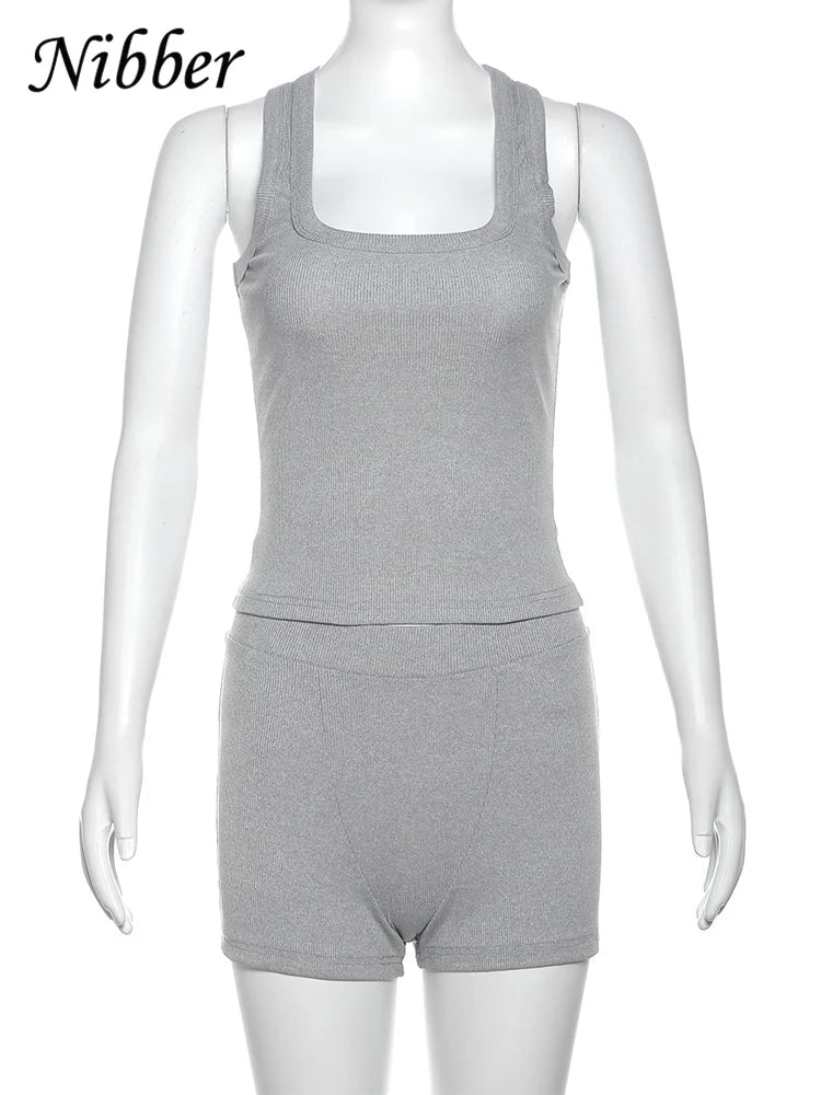 Maxy Nibbler Ribbed Casual 2 Piece Set Women Tracksuit Sporty Square Collar Tank Tops+Shorts Suit Streetwear Simple Matching Outfits