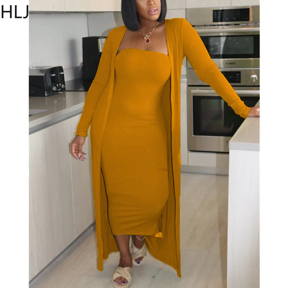 Maxy Casual Off Shoulder Bodycon Dress and Long Sleeve Cardigan Coats Women Solid Color Matching 2pcs Outfits Female Tracksuits
