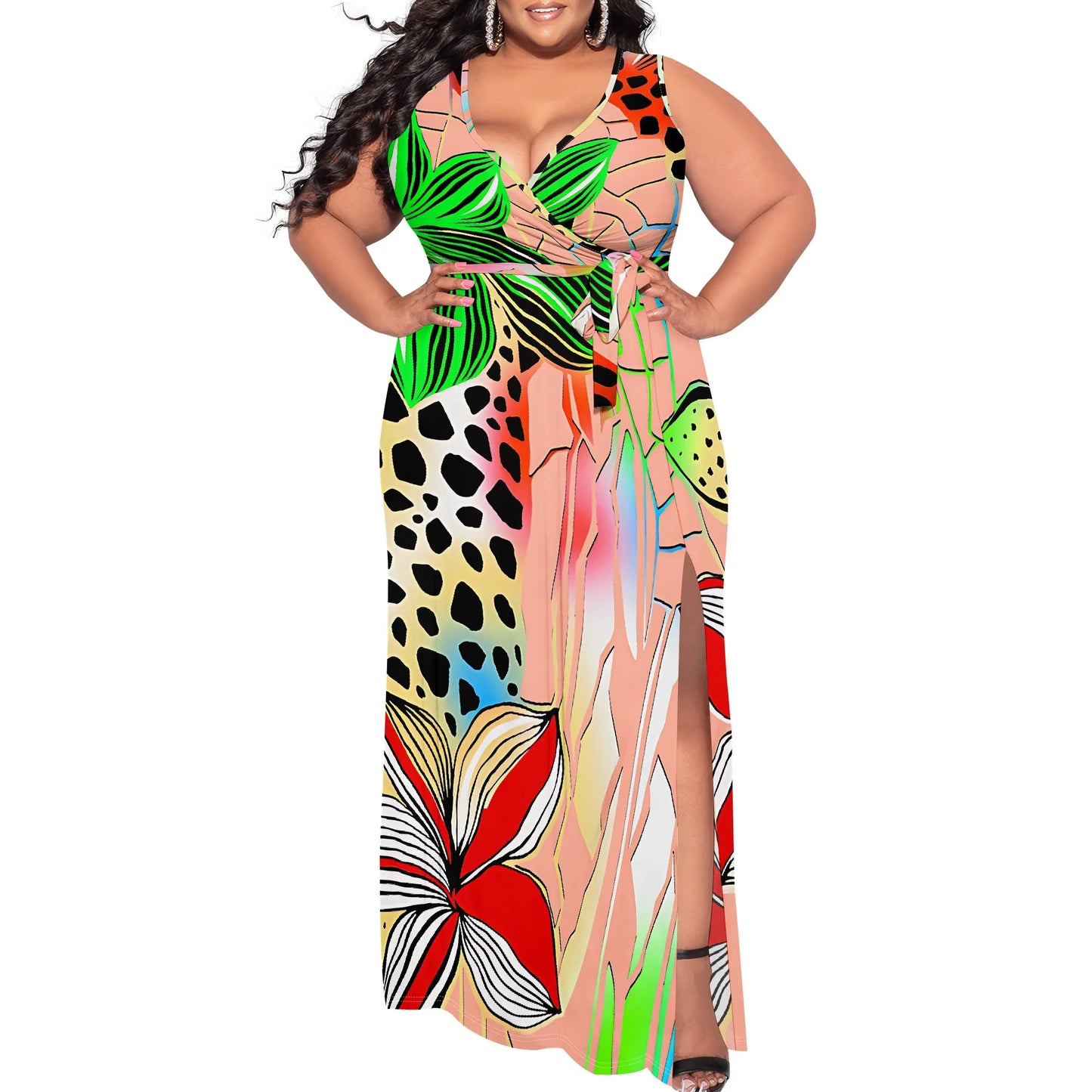 Maxy Plus Size Women's Sexy Casual Dresses for Curvy Women 3D Printed halterneck V Neckline Short Sleeve Loose High Vent Maxy Dress