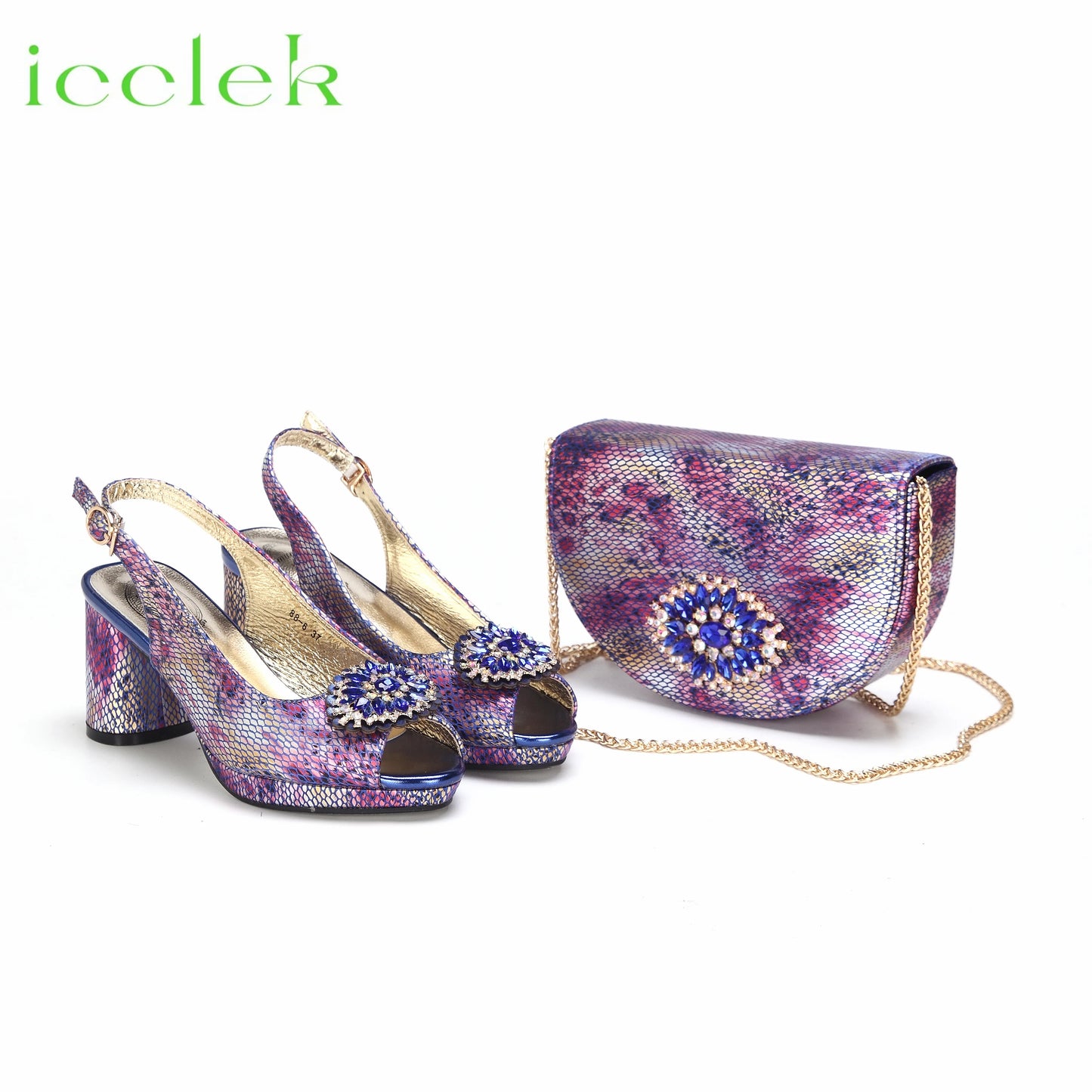 Babs High Quality Peep Toe Snake Pattern Special Design Ladies Party Shoes Matching Bag Set in Green Color