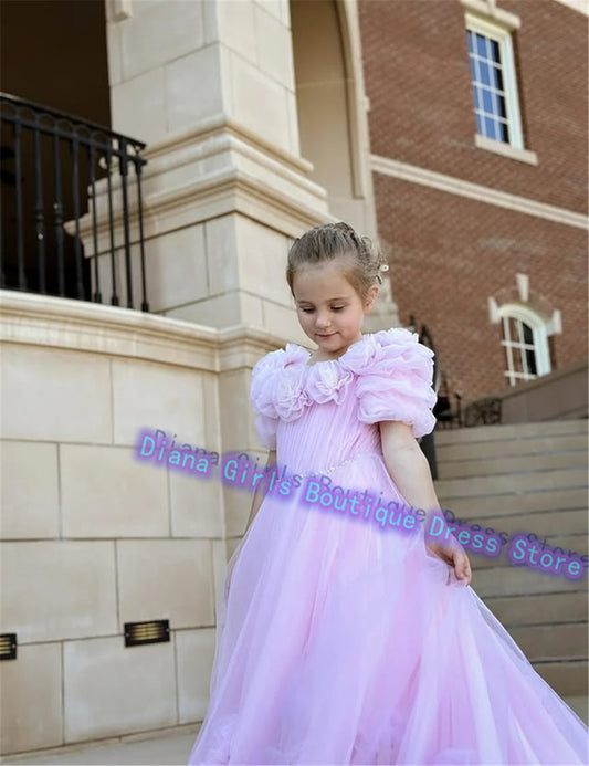 Maxy Princess Lovely Pink Flower Girl Dress Tulle Fluffy Wedding Dresses Appliqued Tiered Princess Little Girls Birthday Party Customise Gowns