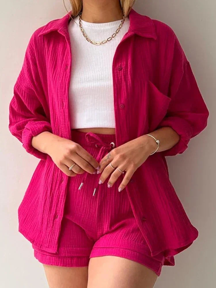 Maxy Summer Women's Suit Short Sets Outfits Muslin Suit For Women Two Piece Female Clothing Solid Button Outfits