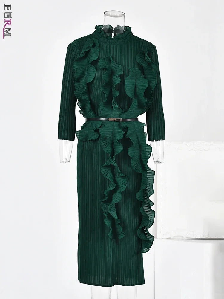 EGRM Ruffles Pleated Miyake Dress For Women 2024 New Solid Stand Collar Long Sleeves Ladies Party Dresses With Belt 5RM6218