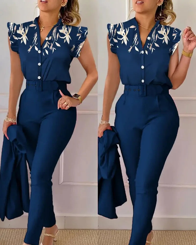 Maxy Elegant Women Two Piece Set Suits New Fashion Printed Ruffle Sleeve Top Solid Color Pants Set With Belt  Blouses Female Clothing