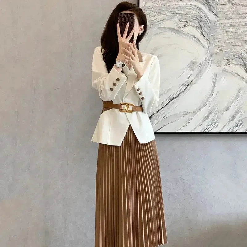 Maxy Pleated Skirt 2 Pieces Sets for Women Office Woman Outfit Midi Suits Jacket Y2k Streetwear Summer Clothes Stylish Korea