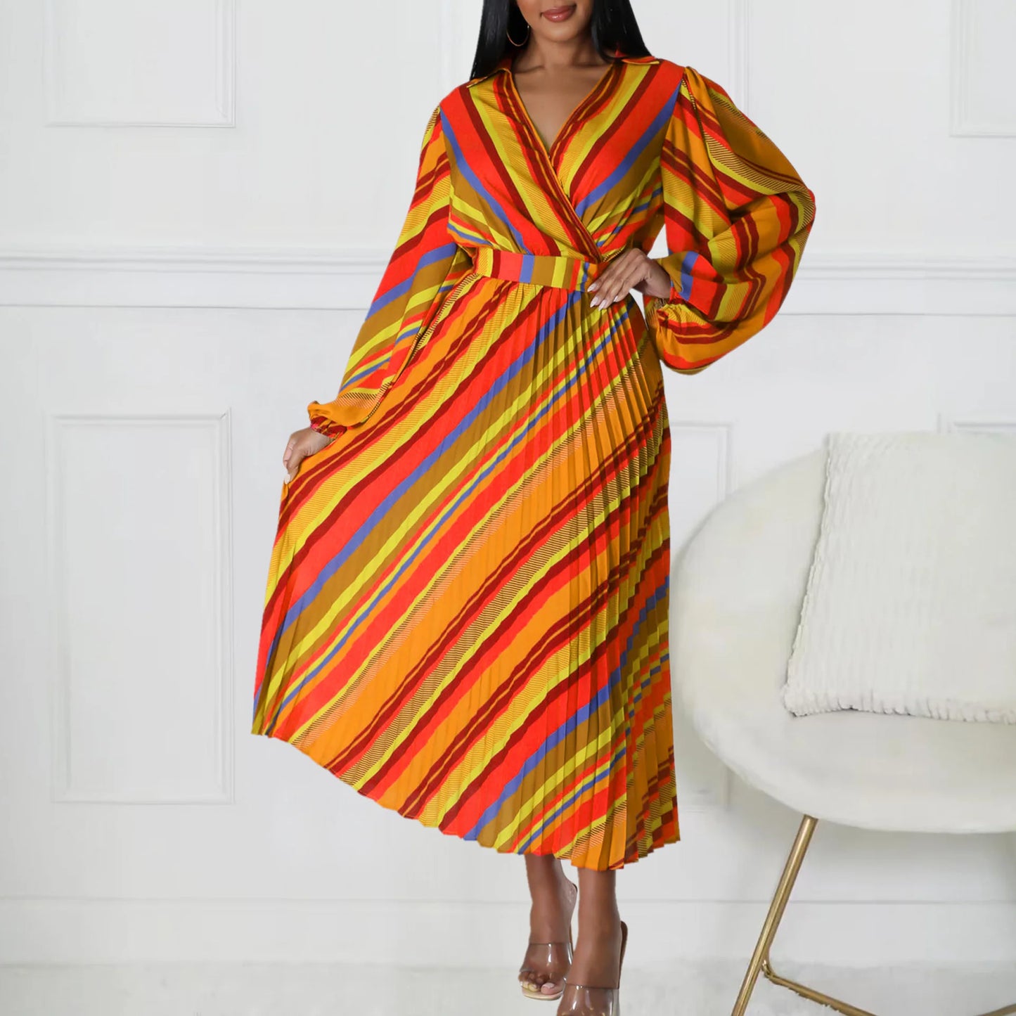 Women Printed Dress Pleated V Neck Long Lantern Sleeves Midi Length Female Gowns Elegant Modest African Office Ladies Work Wear