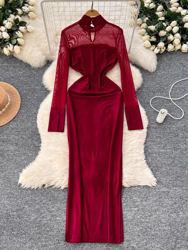 Amay Fashion Stand Collar Dress Women's Long Sleeves Hollow Out Gathered Waist Mesh Spliced Slim Dresses Autumn New 27X1903