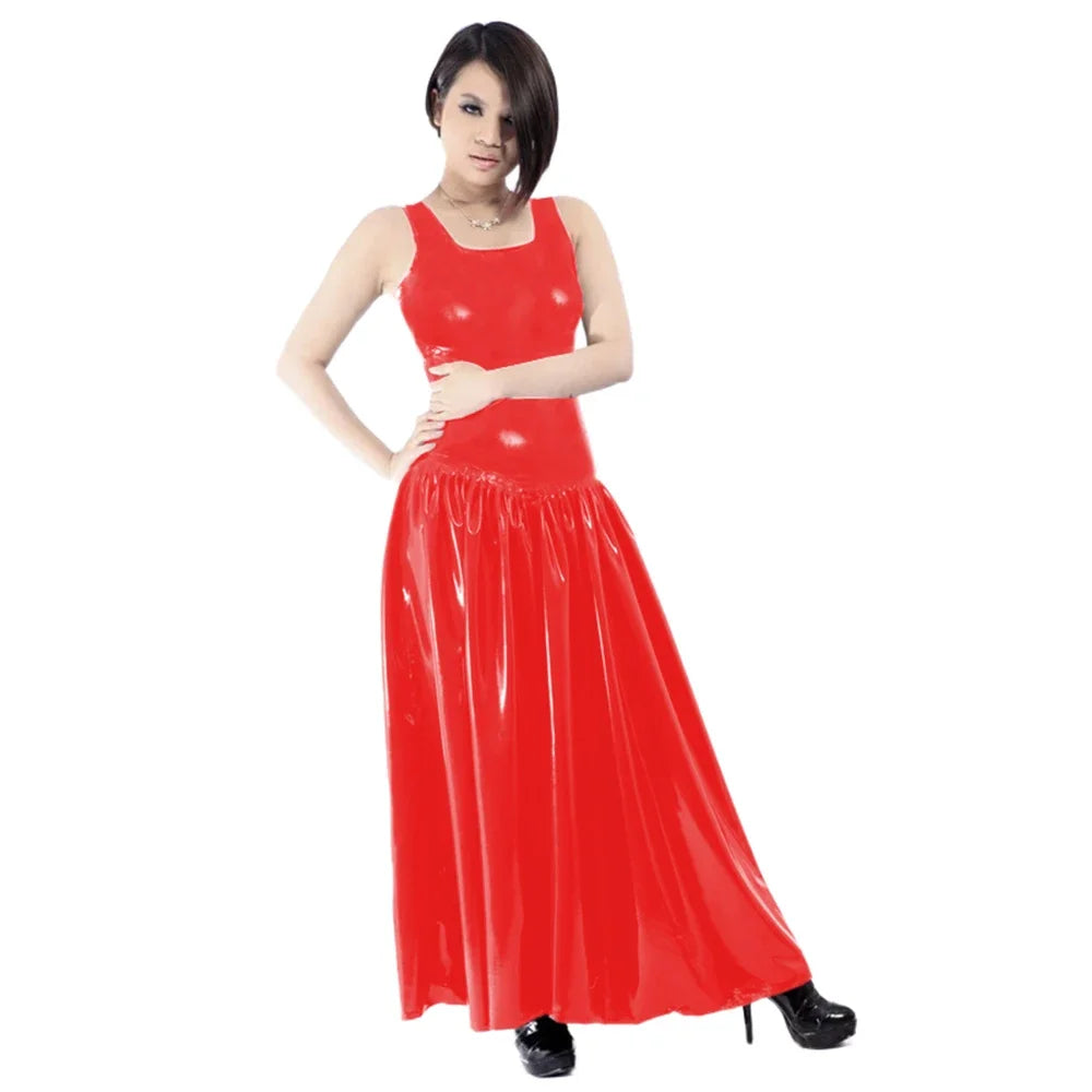 Maxy Women's PVC Tank Dress, Sleeveless Fit and Flared Dress, Raves Party Swing, Pleated Clubwear, Plus Size, Punk Fashion