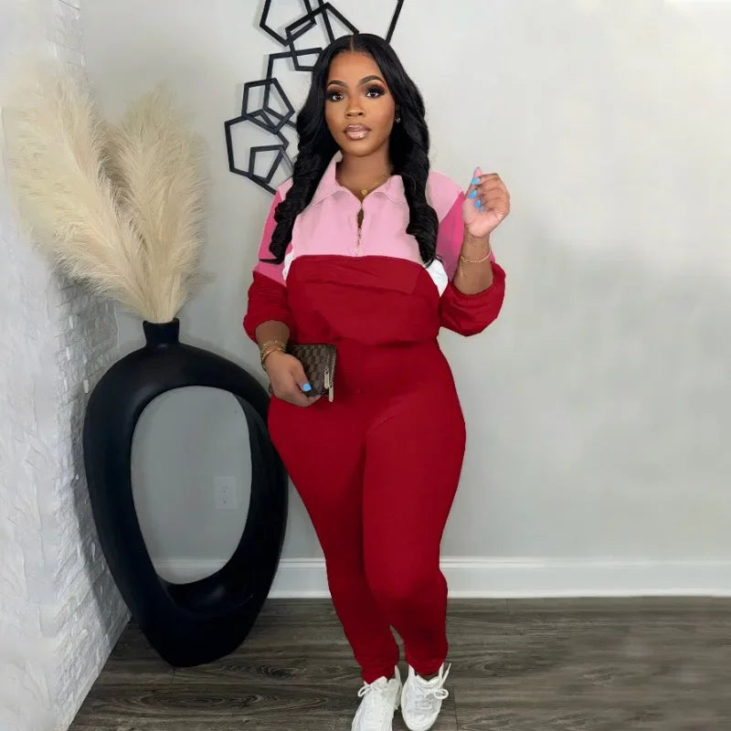 Maxy Sporty Casual Two Piece Set for Women Sweatsuit Fall Winter Patchwork Sweatshirt Top and Pants Running Tracksuit Joggings Femme