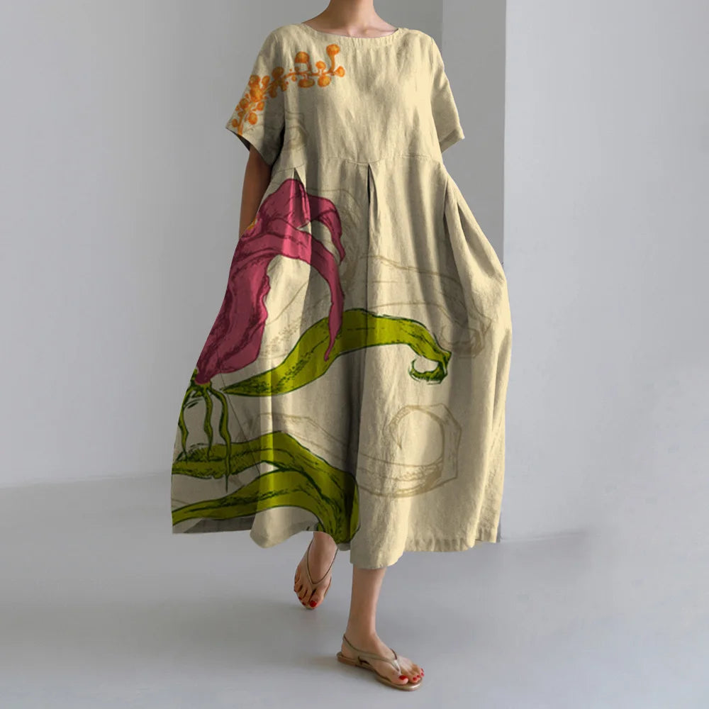 Maxy Summer New Bohemian Casual Dresses Vintage Women's Cotton Printed Dresses Womens Floral Long Dresses Round Neck Pullover Dresses