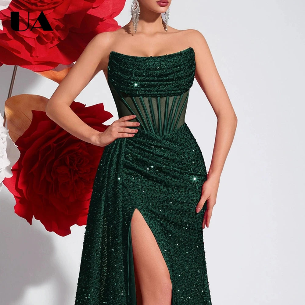 Maxy Women's Sequin Strapless Prom Dress Ruched Bodice High Slit Mermaid Gown Formal Evening Wedding Guest Ball Gown Sparkly Party