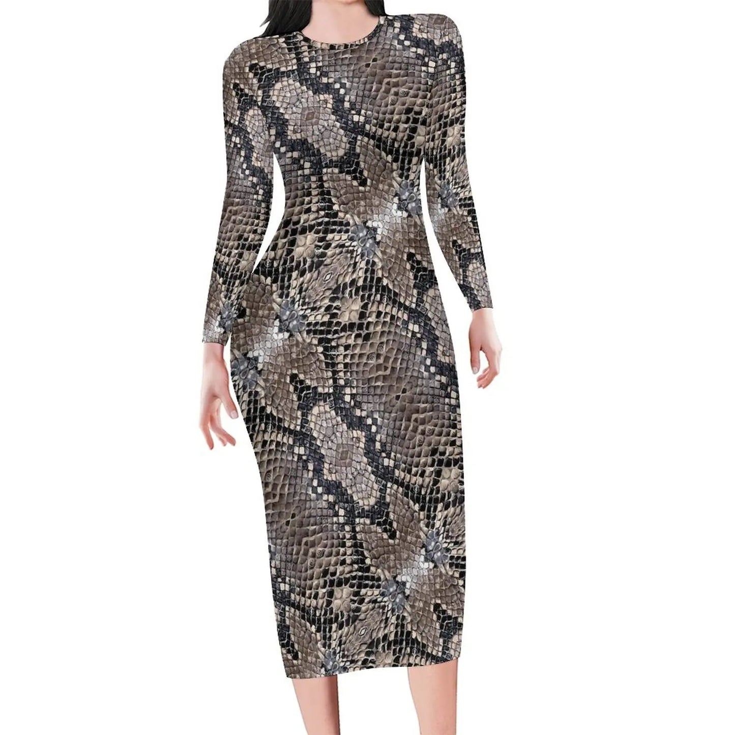 Amay Snakeskin Bodycon Dress Ladies Pink Snake Print Kawaii Dresses Autumn Long Sleeve Street Fashion Custom Dress Big Size 4XL 5XL