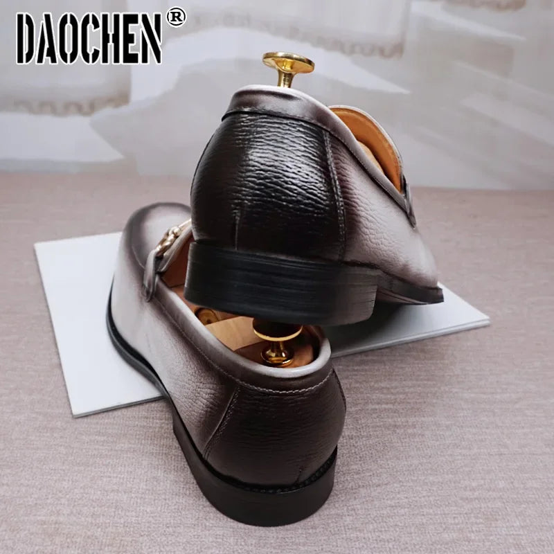 Maxy Luxury Men Leather Shoes Black White Horsebit Loafers Slip on Formal Men Dress Shoes Wedding Office Casual Shoes For Men