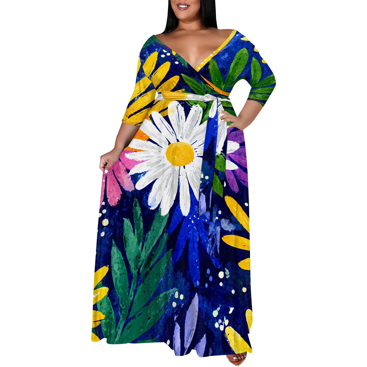 Maxy Plus Size Women's 3/4 Sleeve V-Neck Floral Print Wrap Maxy Dress Elegant Bohemian Casual Dress