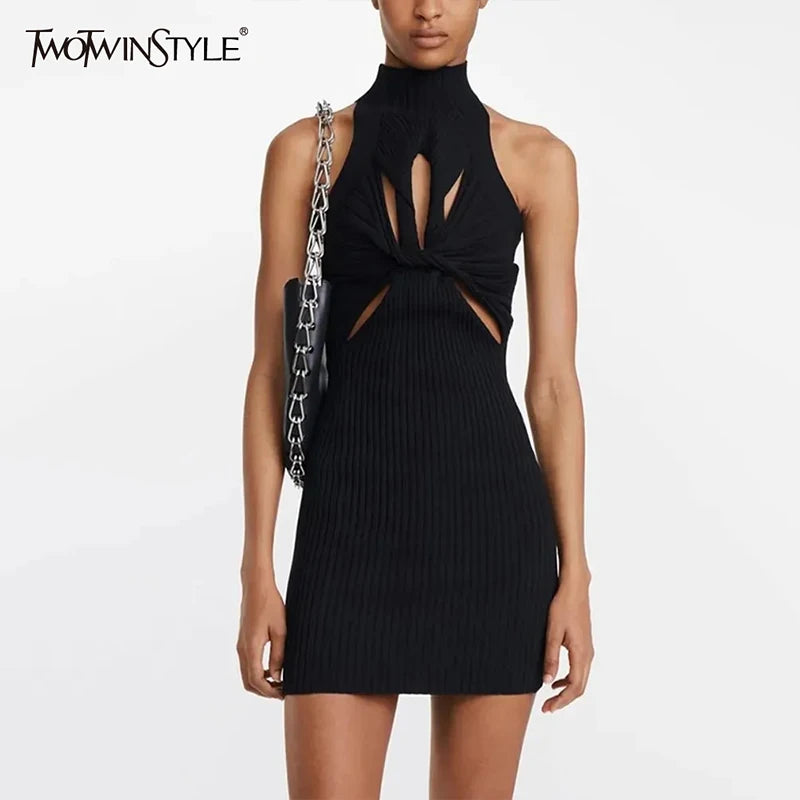 Maxy TWOTWINSTYLE Knitting Hollow Out Dresses For Women Stand Collar Sleeveless High Waist Temperament Slimming Dress Female Clothing