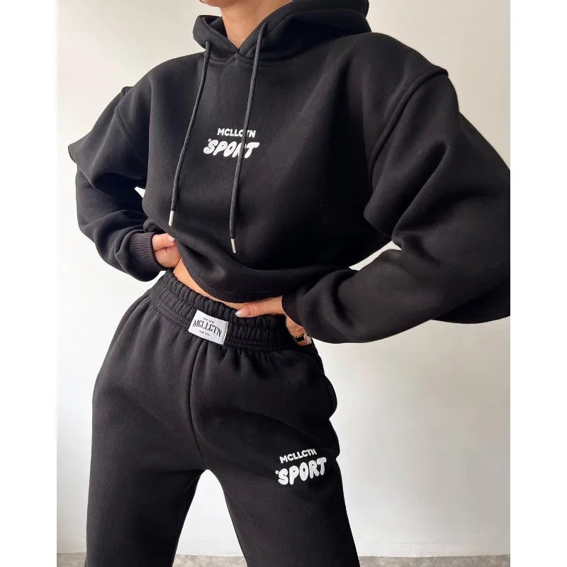 Maxy Women Long Sleeve Hooded Pullover Sweatshirt Elastic High Waist Pants Suit 2024 Autumn Winter New Letter Print Loose Sports Suit