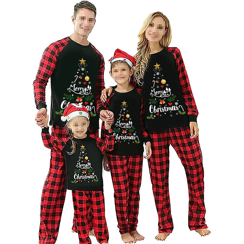 Maxy Christmas Family Pajamas Matching Set Long Sleeve Letter Print T-shirt+Elastic Waist Plaid Pants Sleepwear Loungewear