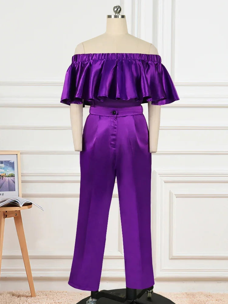 Zay Women Stylish 2 Pieces Set Shiny Satin Purple Ruffle Hem Cropped Tops and Straight Trousers Pockets Summer Party Streetwear