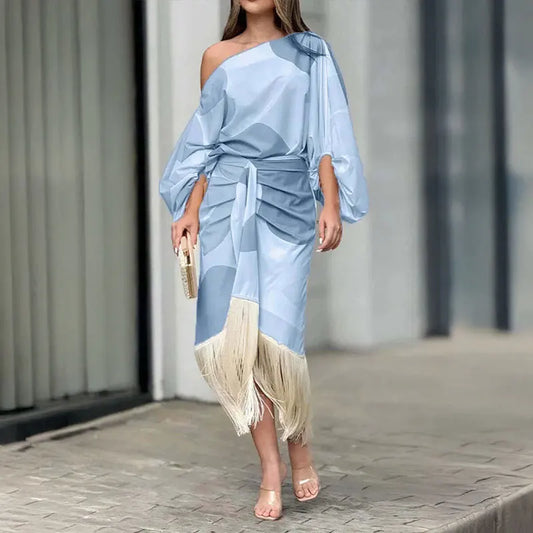 Maxy Women's Fashion Skirt Suits Spring Slash Neck Off-shoulder Printed Top Pleated Tassel Midi Skirt Two-piece Sets Female New Set