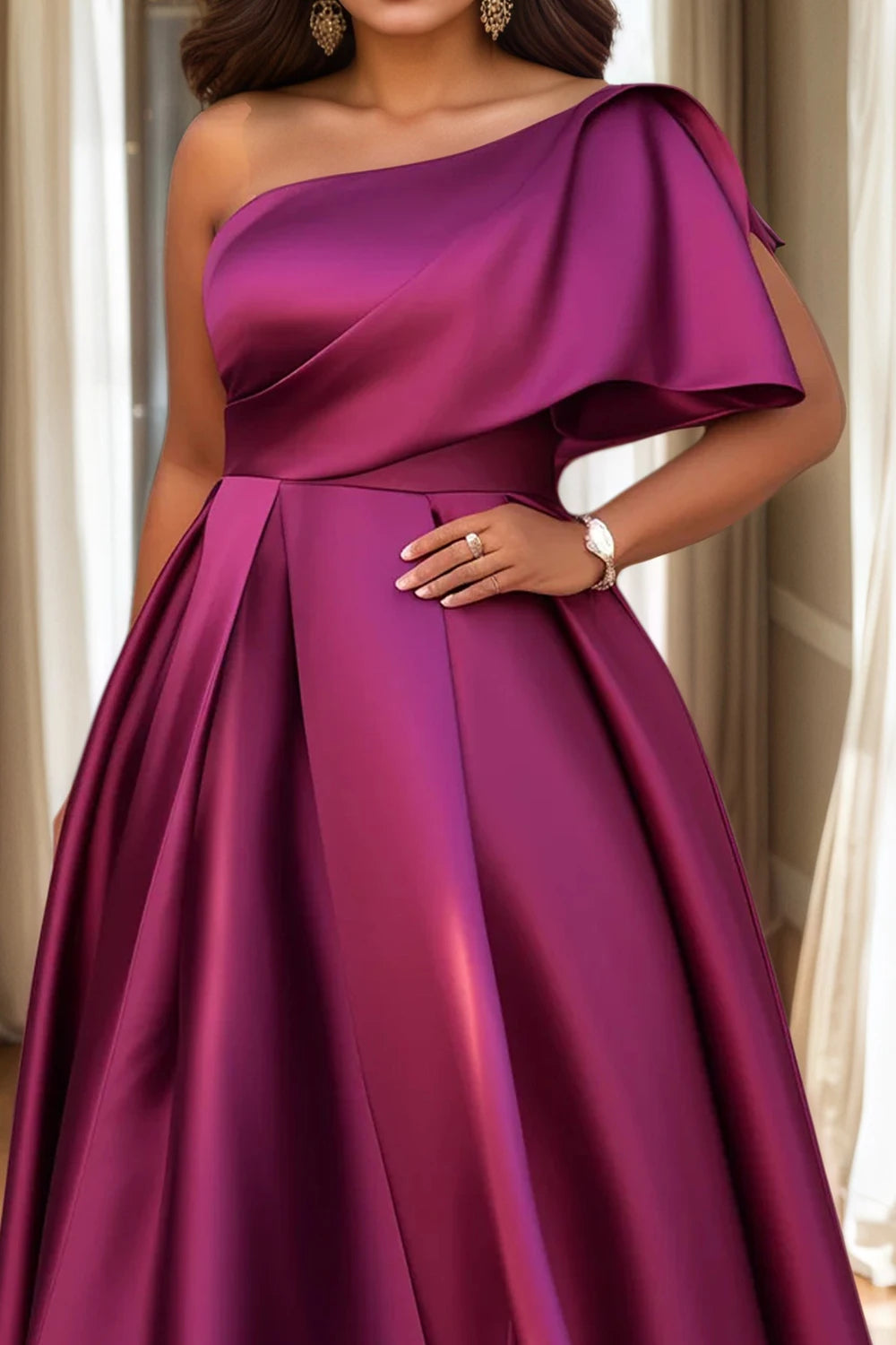 Maxy Women's Plus Size Evening Dress One Sleeve Pleated A-Line Elegant Wedding Guest Cocktail Maxy Dresses Off Shoulder Formal Dress