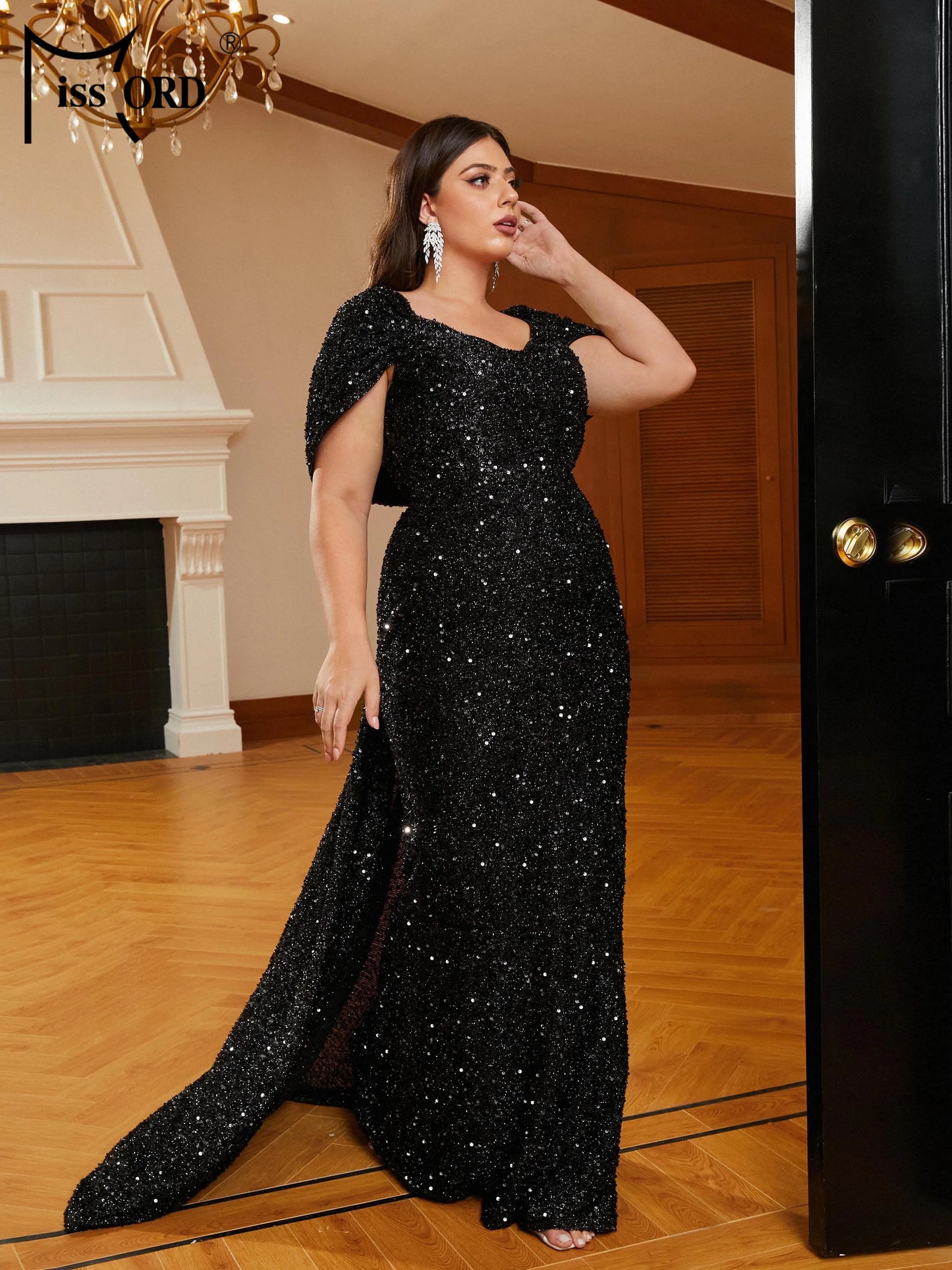 Momsey New Plus Size Black Draped V-neck Short Sleeved Sequin Mermaid Evening Floor Length Dress