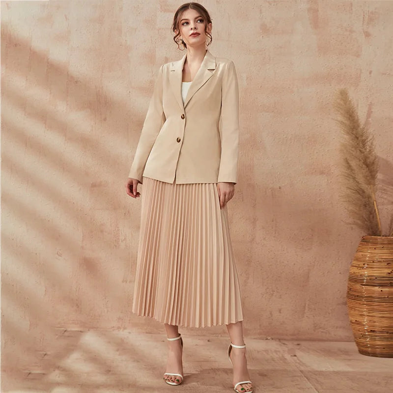 Maxy Women's 2024 Autumn Fashion Casual Professional Style Suit Coat Strap Pleated Skirt Set Blazer Dress