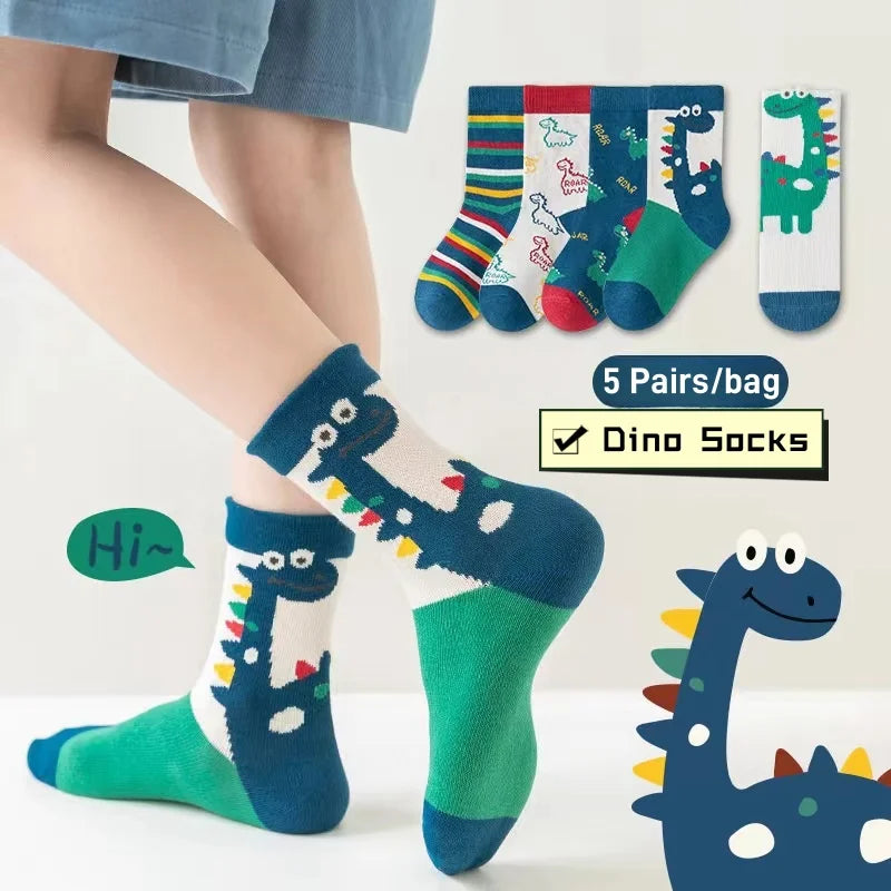 Maxy 5 Pairs Boys Autumn Socks Mid Calf Cotton Socks Smiling Dinosaur Socks Children Medium Socks  A Class Baby Kids Socks