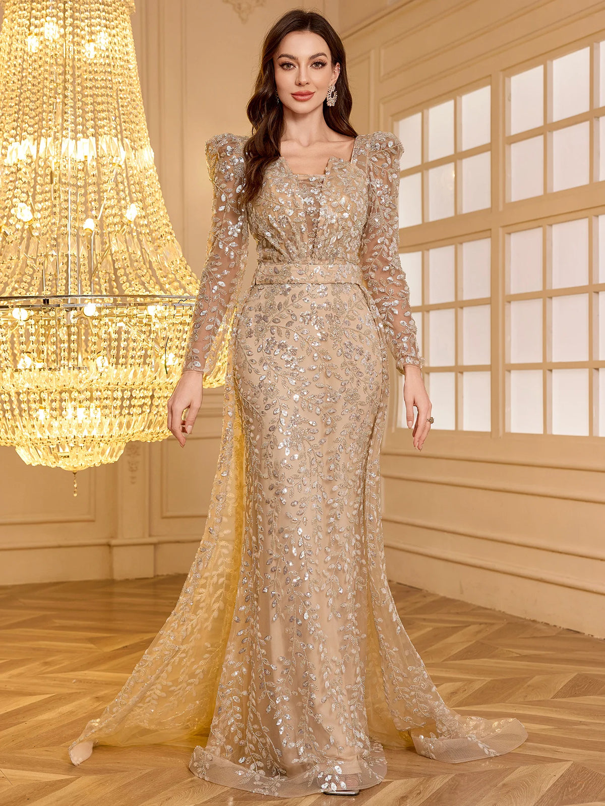 Maxy UNITHO Women's Long Sleeve Sweetheart Neck Diamond Embellished Sequined Evening Gown,Party Dress