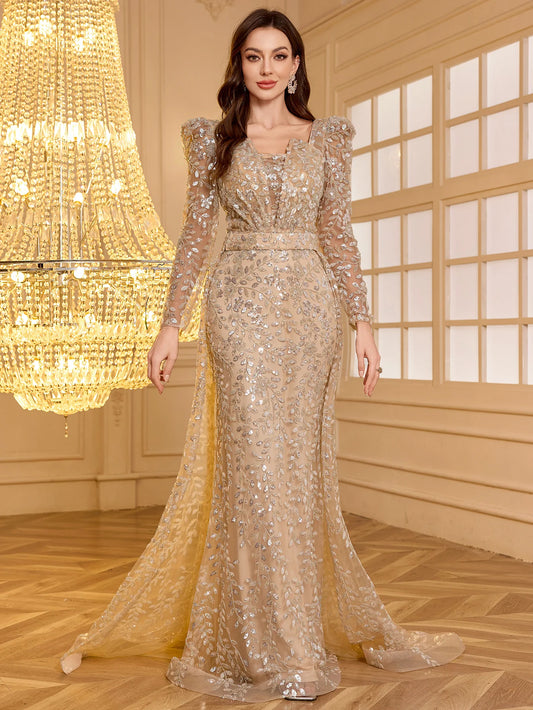 Maxy UNITHO Women's Long Sleeve Sweetheart Neck Diamond Embellished Sequined Evening Gown,Party Dress