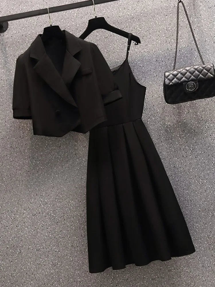 Maxy Spring and Summer New Large Women's Dress Korean Style Suit Top+fashionable Slip Dress Suit Is Slim and Fashionable