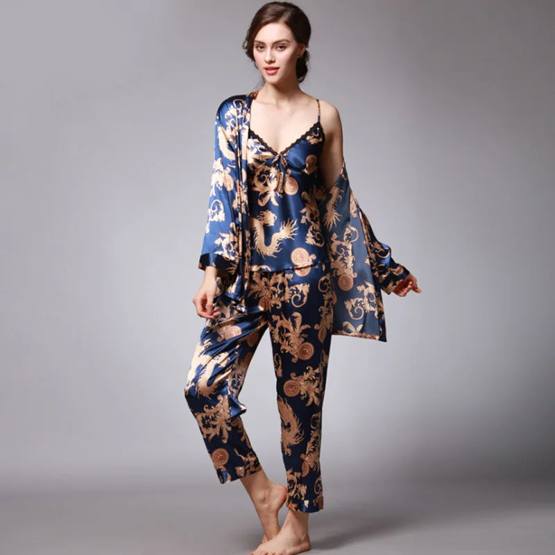 Amay Women's Silk Satin Pajamas Set 3 Pcs Floral Silky Pj Sets Sleepwear Cami Nightwear with Robe and Pant