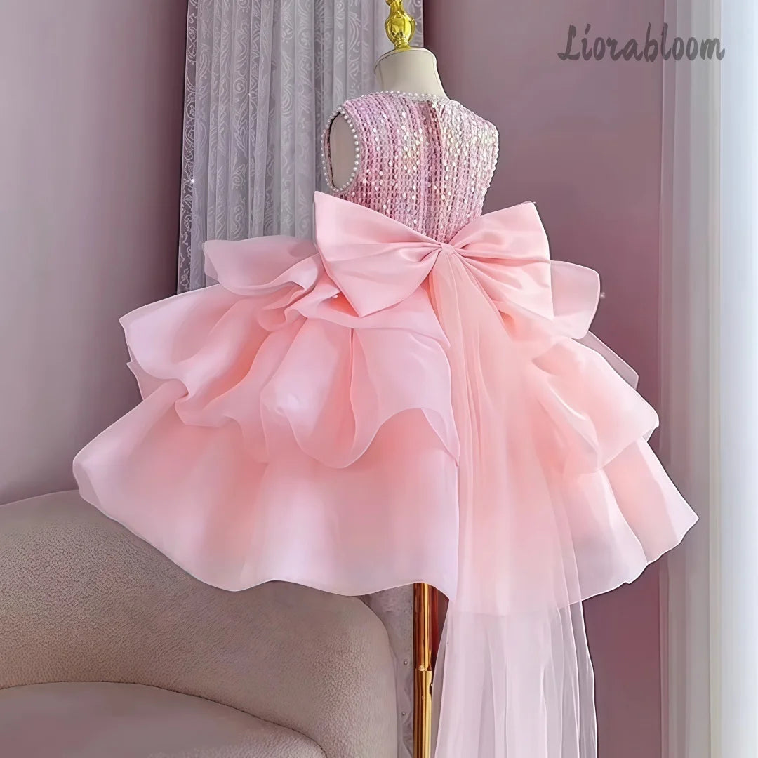 Pink Rhinestone Embellished Flower Girl Dress Short Puffy Formal Party Ball Gown for Little Girls
