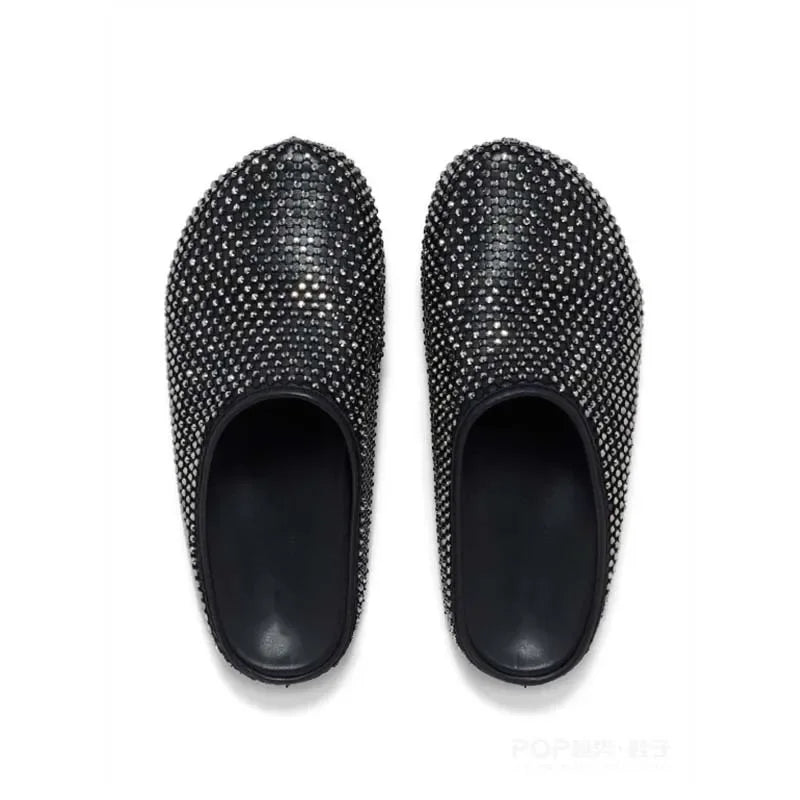 Babs Personalized Rhinestone Slippers Large Size Round Toe Black and White Flats Women Round Toe Shoes