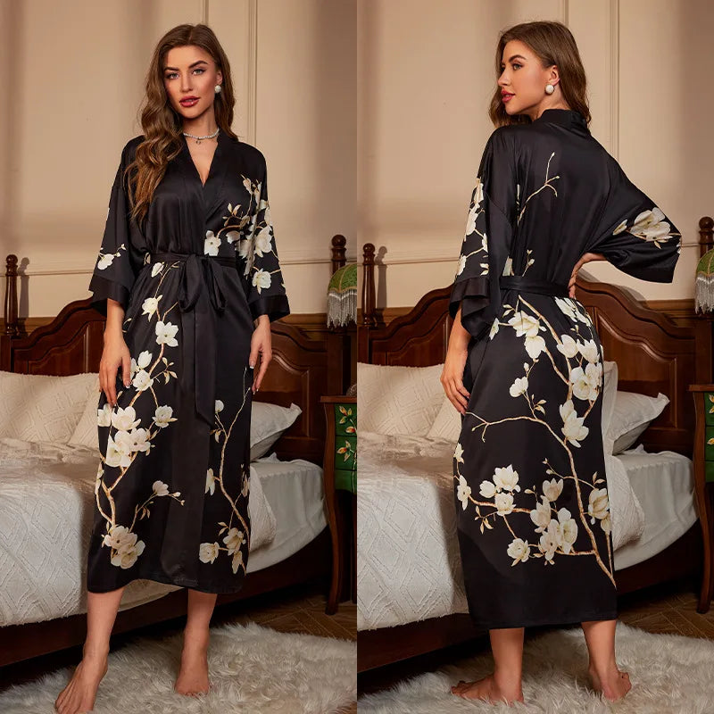 Maxy Japanese Style Half Sleeve Kimono Bathrobe Gown Female Long Robe Nightgown Sleepwear Loose Satin Print Flower Home Dressing Gown