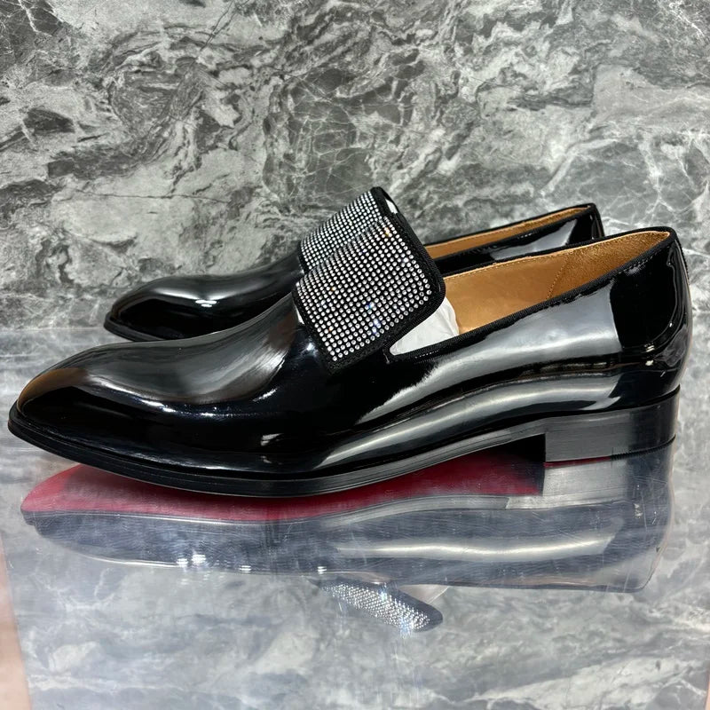 Visco New Stylish Men's Black Patent Leather Shoes Luxury Rhinestone Loafers Shoes For Men Handmade Slip On Dress Shoes Wedding Shoes