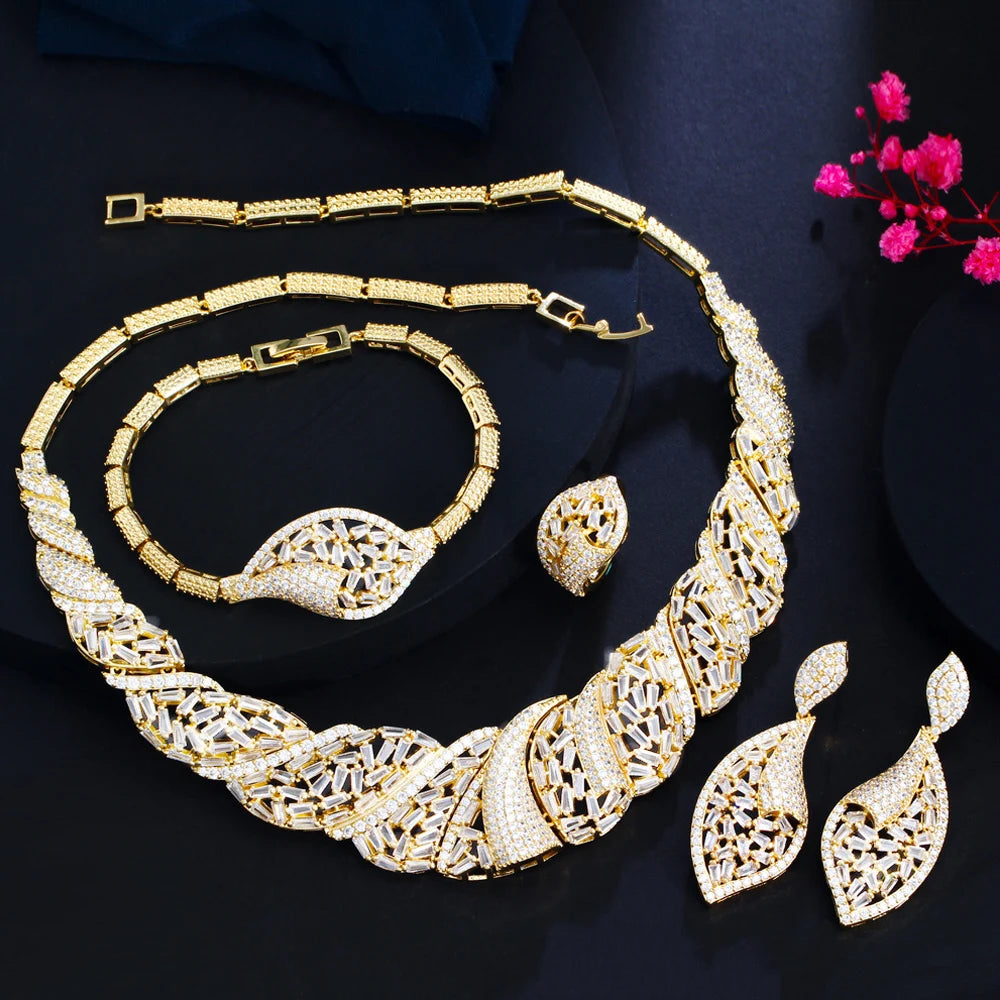 Maxy Three Graces Exquisite Shiny Cubic Zirconia Stone 4pcs Dubai Nigerian Bridal Wedding Banquet Dinner Jewelry Set for Women TZ833