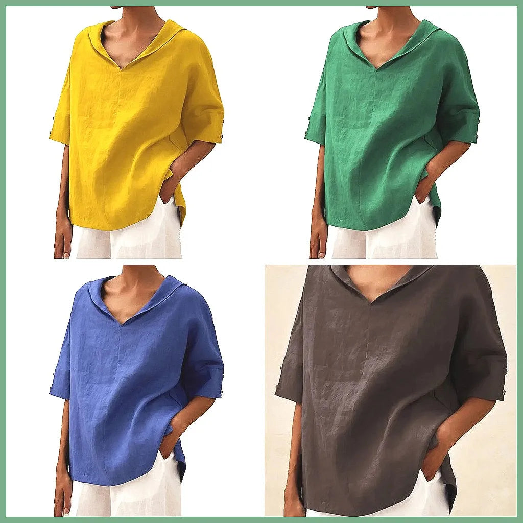 Maxy Women's Loose V-Neck Cotton Linen Shirt, Casual Elegant Summer Blouse Office Wear