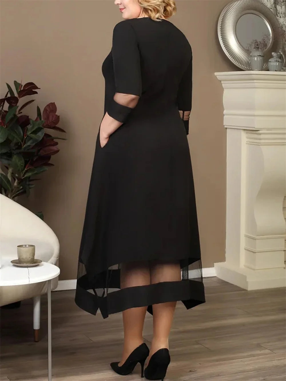 Maxy Plus Size Black Contrast Mesh Splicing Long Dress Women Summer O-Neck 3/4 Sleeve Elastic Knitted Elegant A-Line Dresses