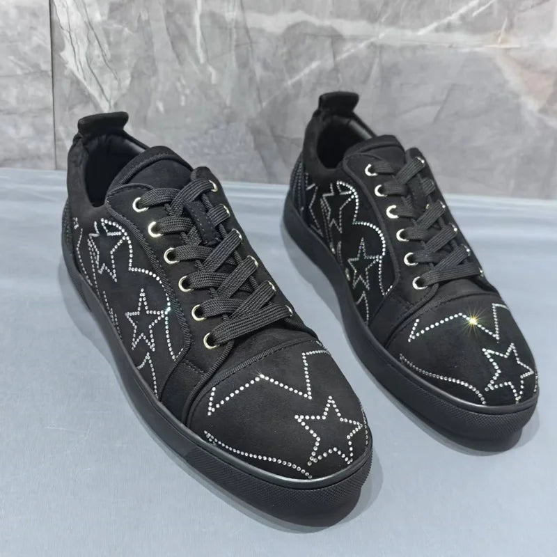 Visco Luxury Man Black Shoes Fashion White Rhinestones Sneakers Men Casual Shoes Low-top Leisure Sneaker Shoes