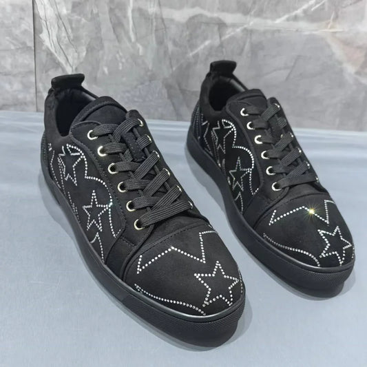 Visco Luxury Man Black Shoes Fashion White Rhinestones Sneakers Men Casual Shoes Low-top Leisure Sneaker Shoes