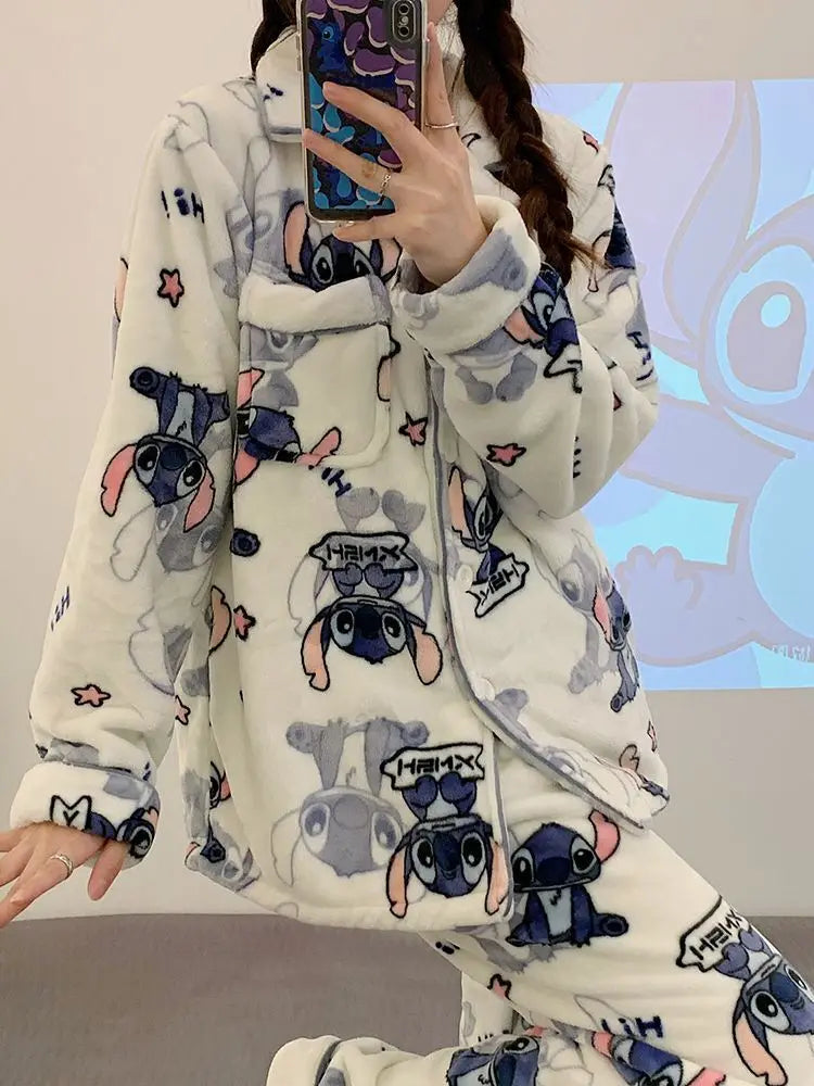 New Stitch-themed Max Plush Fluffy Sleepwear Pajamas Women's Autumn and Winter Flannel Thickened and Velvet Home Casual 2 Pcs Set