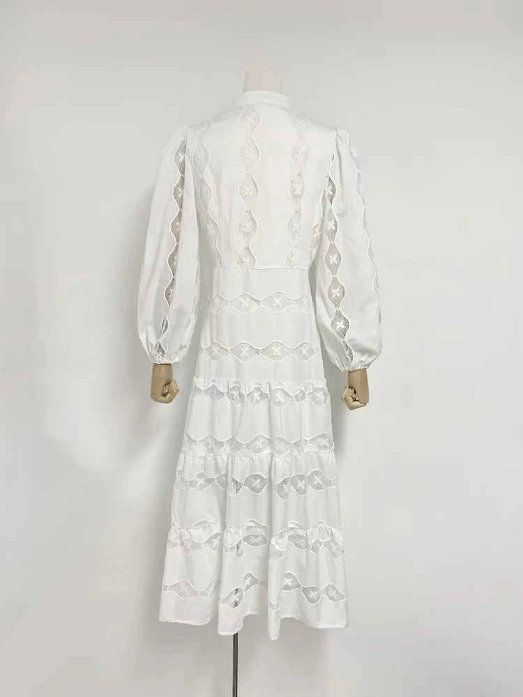 Maxy Solid Hollow Out Slimming Long Dressess For Women Stand Collar Lantern Sleeve High Waist Temperament A Line Dress Female New