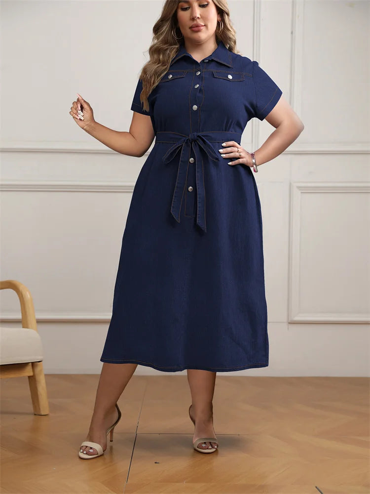 Wmstar Women Dress Elegant Lapel Collar Button Shirt Casual Solid Color Short Sleeve Tie-up Waist Fashion Plus Size Lady Dresses