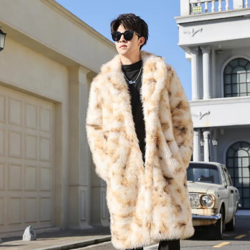 Visco Long Knee Length Faux Fur Coat Turn-down Collar Korea Fashion Contrast Color Long Sleeve Male Tops Jacket 21Z5563