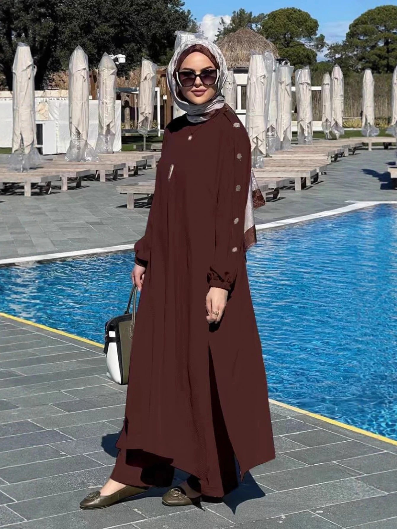 Maxy Muslim Dress for Women Blouse 2 Piece Set Long Sleeve Abaya Shirt Wide Leg Pant Suits Arabic Dubai Dresses Musulman Ensembles