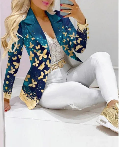 Maxy Fashion Butterfly Print Blazer Suit and Pants Two Piece Set for Women Autumn Winter Outfit Office Lady Casual Clothing